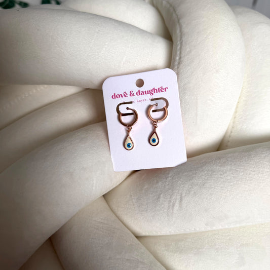 Rose gold evil eye hoops